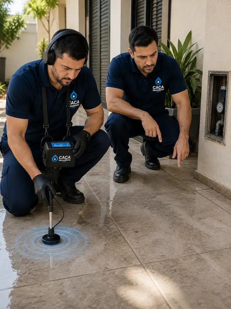 Técnicos procurando vazamento oculto com equipamento profissional